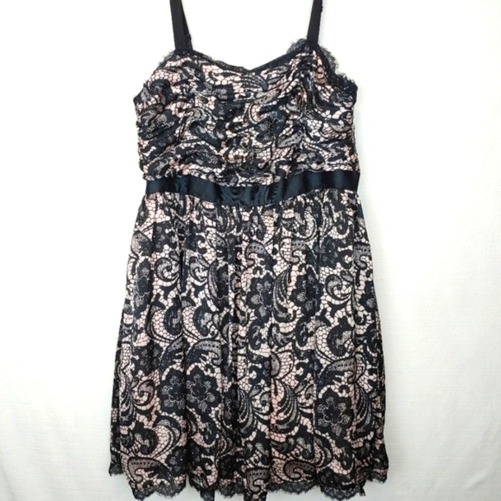 🔴 3/$25 Adrianna Papell Blush Black Lace Print Cocktail Dress 16